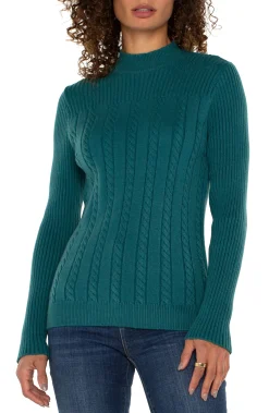 Liverpool Los Angeles Tees|Sweaters-MOCK NECK CABLE SWEATER Malachite