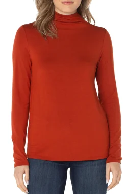Liverpool Los Angeles Tees-MOCK NECK LONG SLEEVE KNIT TOP Terracotta