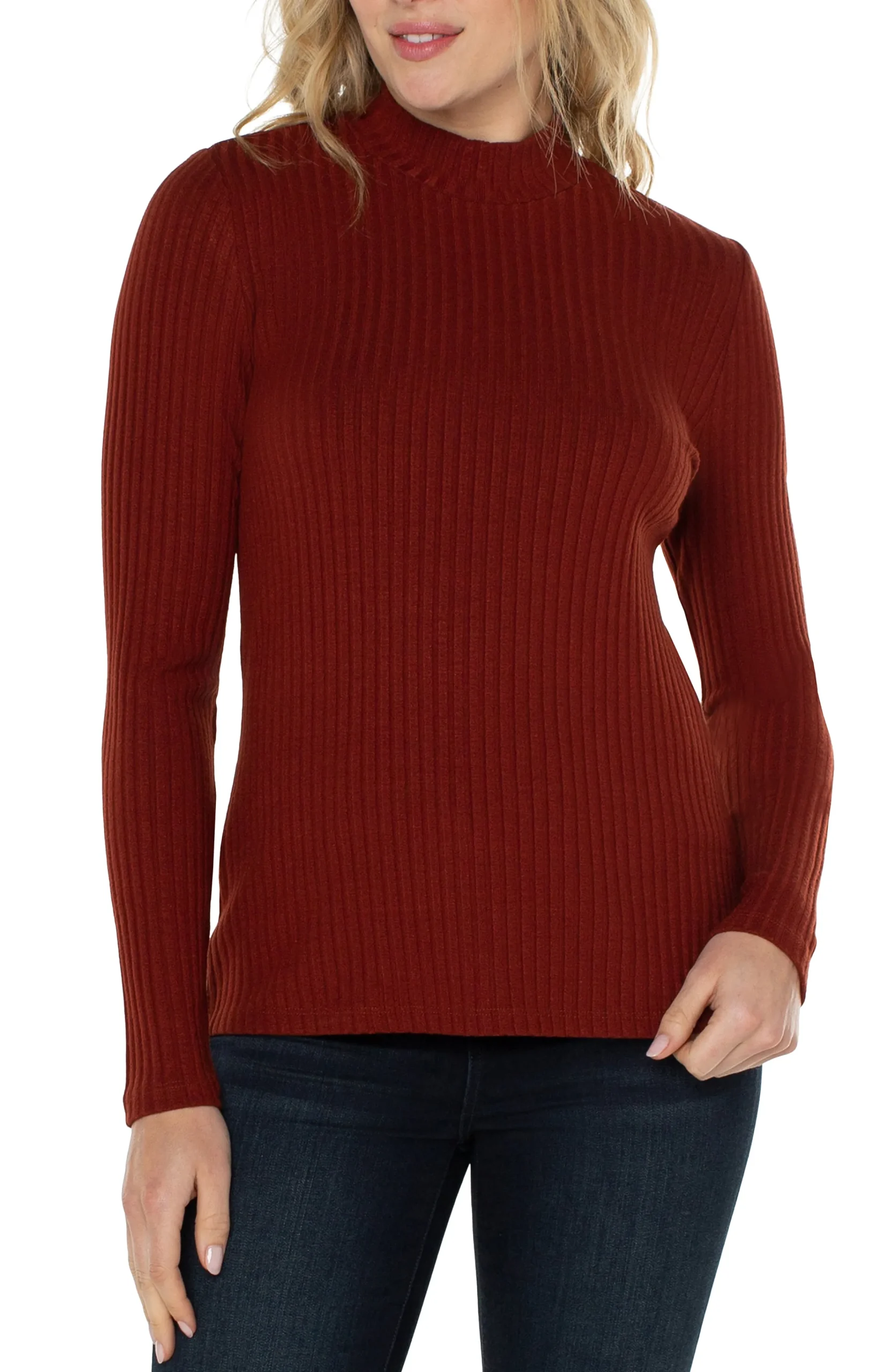Liverpool Los Angeles Tees-MOCK NECK LONG SLEEVE KNIT TOP Deepcinnamon