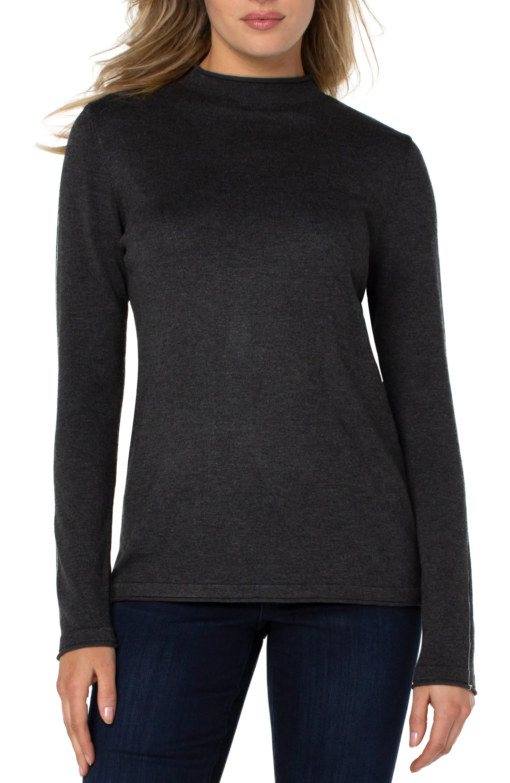 Liverpool Los Angeles Sweaters-MOCK NECK ROLLED HEM LONG SLEEVE SWEATER Charcoalgrey