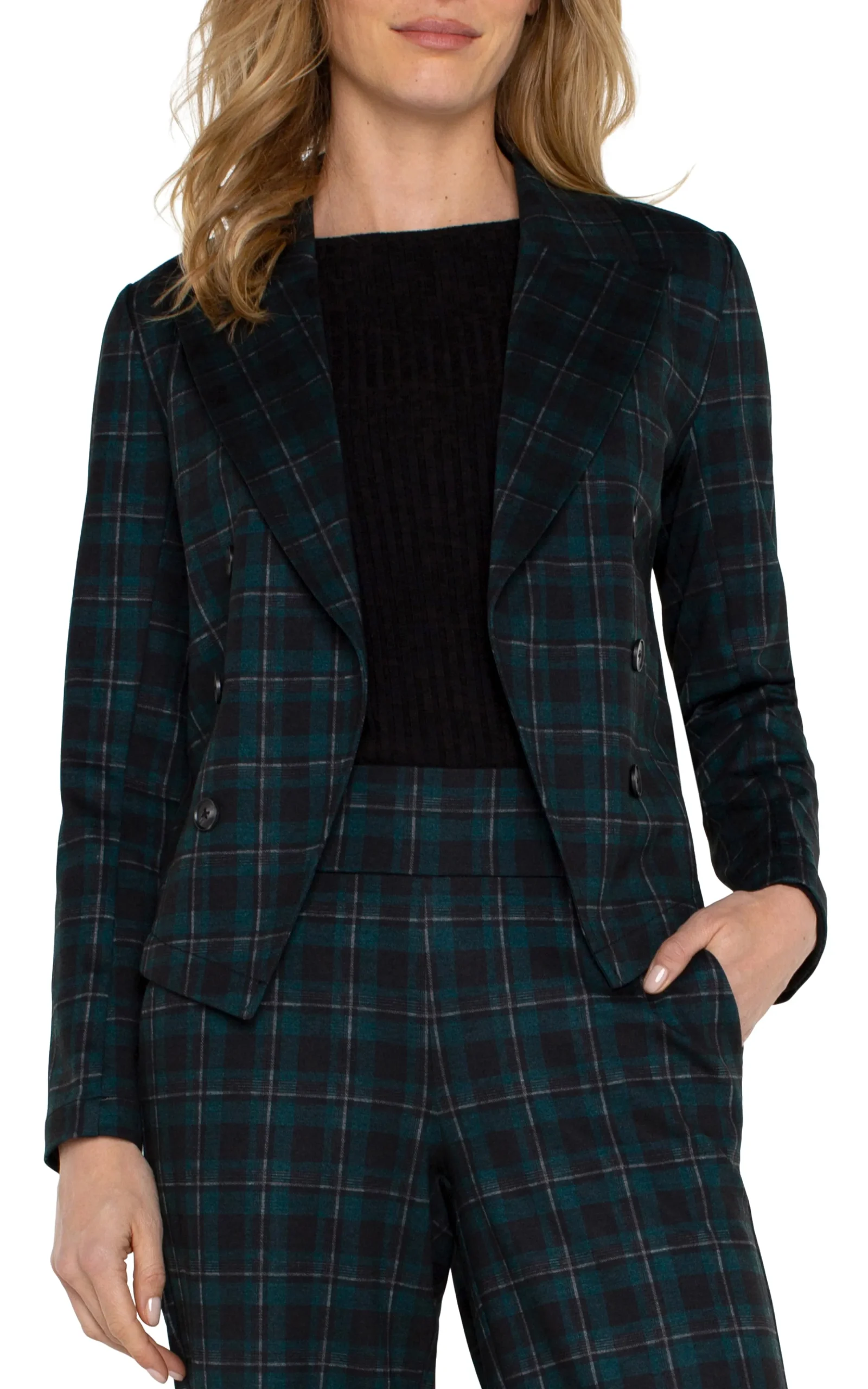 Liverpool Los Angeles Jackets-OPEN FRONT BLAZER Darkforesttartanplaid