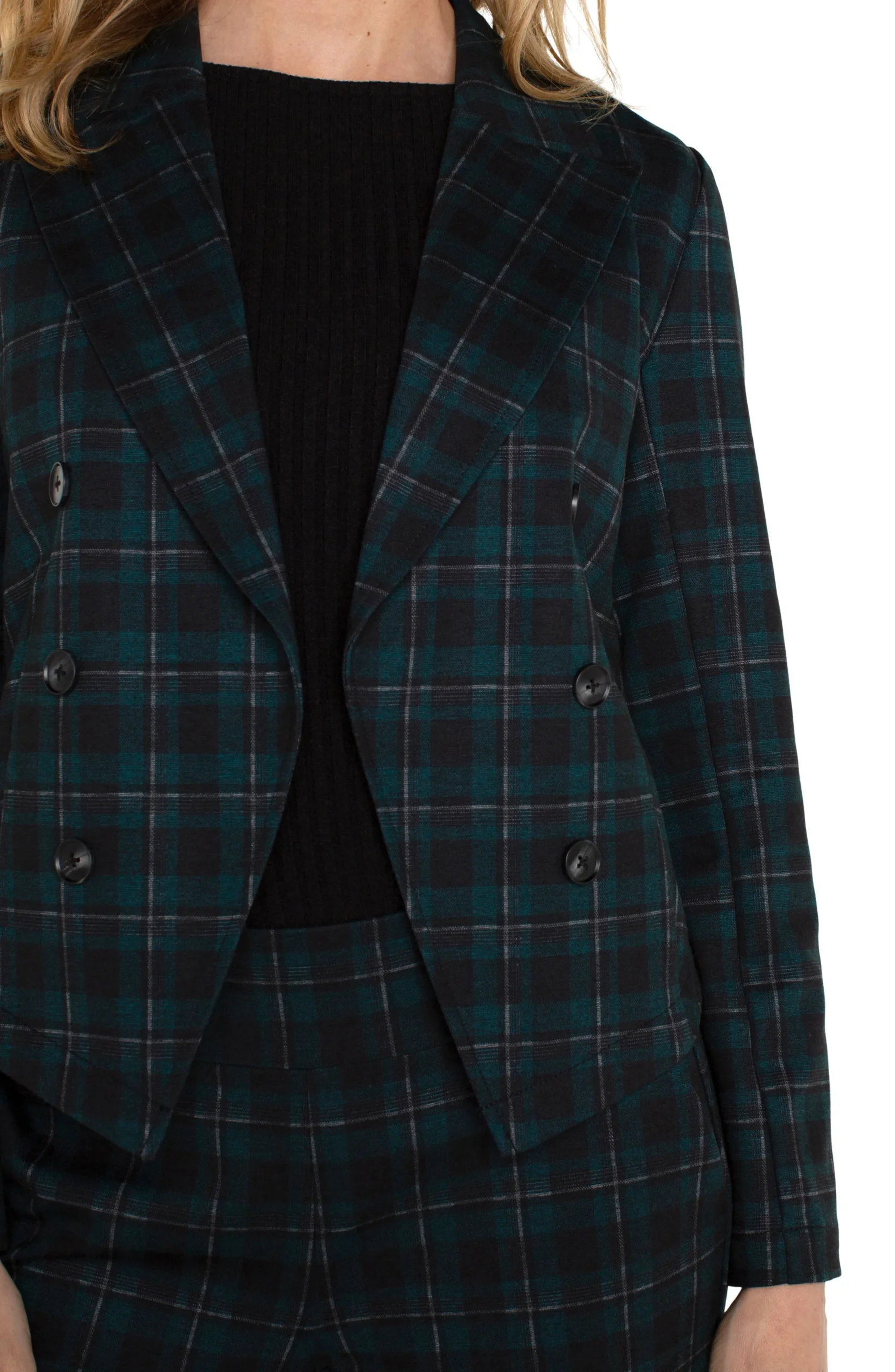 Liverpool Los Angeles Jackets-OPEN FRONT BLAZER Darkforesttartanplaid