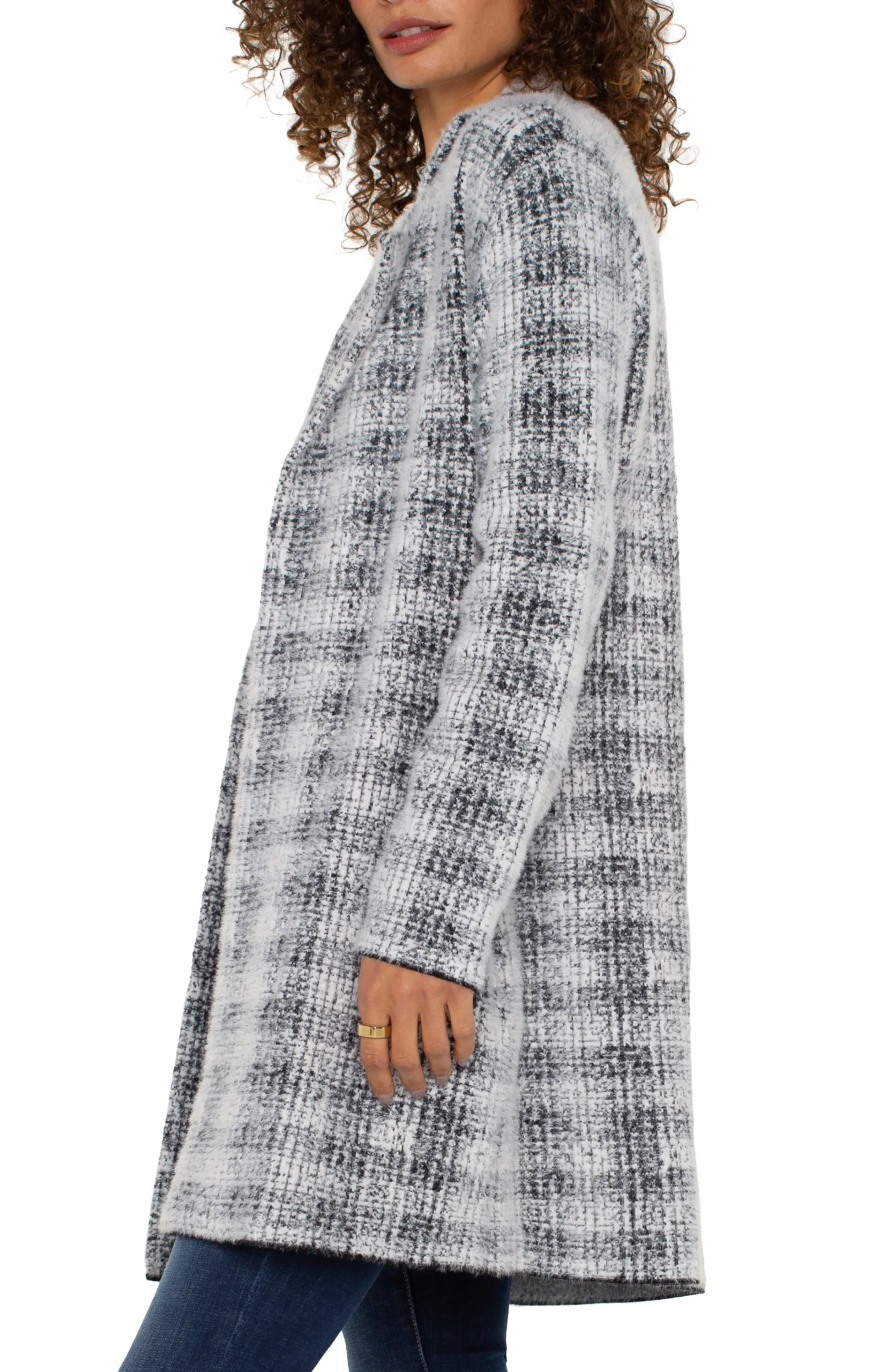 Liverpool Los Angeles Coatigans-OPEN FRONT COATIGAN SWEATER Greywhiteplaid