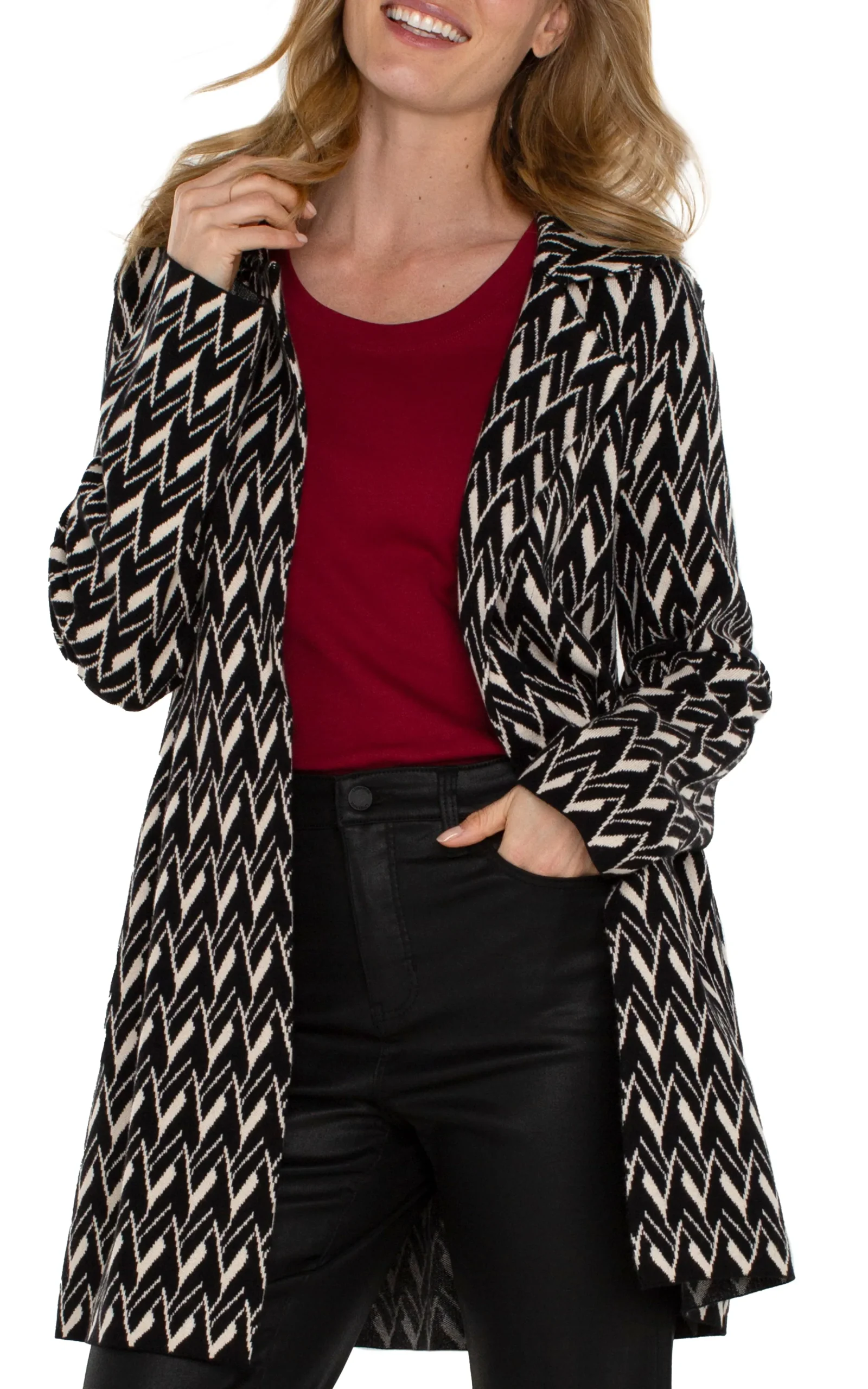 Liverpool Los Angeles Coatigans-OPEN FRONT COATIGAN SWEATER Blackcreamchevron