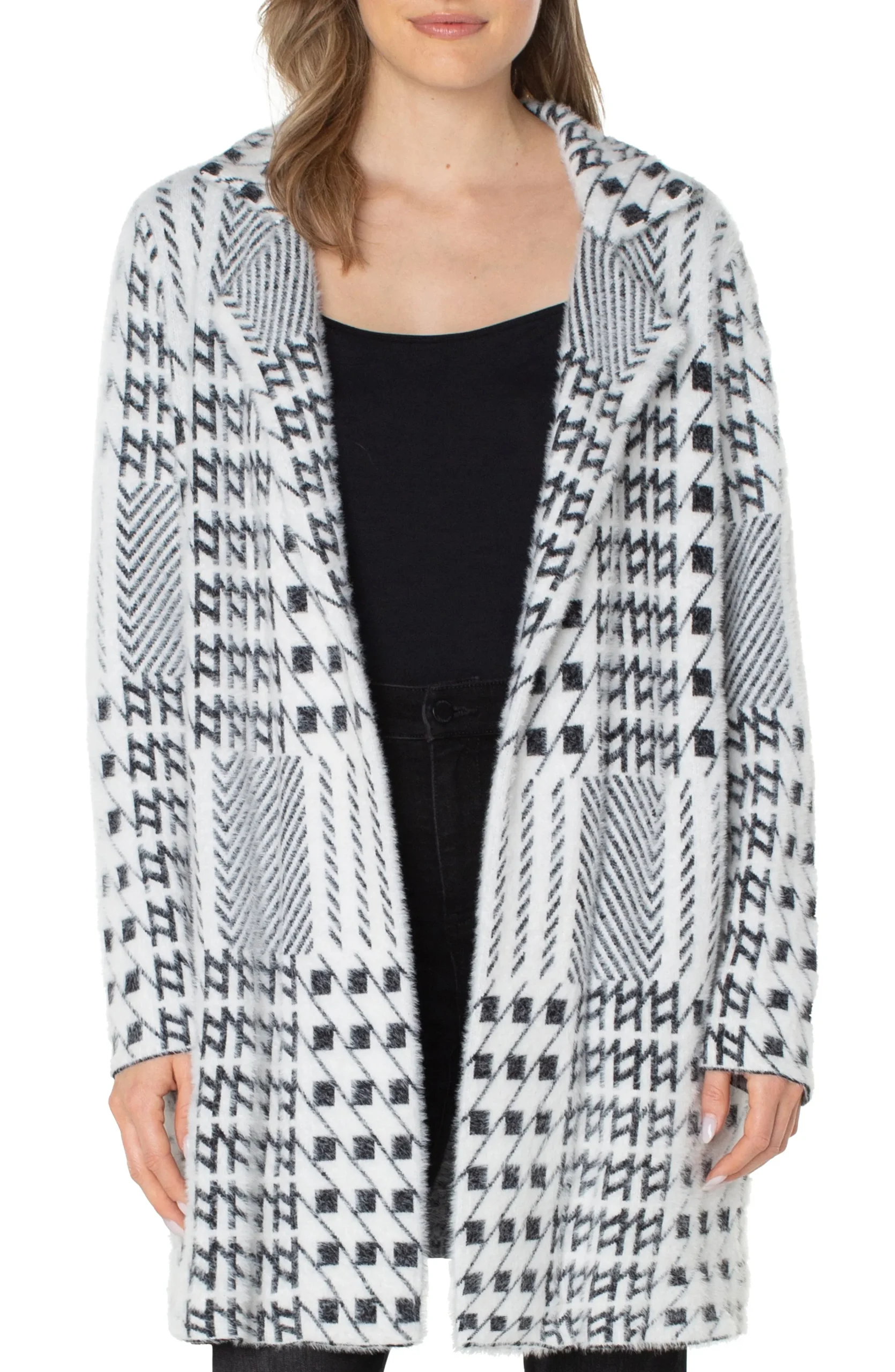 Liverpool Los Angeles Coatigans-OPEN FRONT COATIGAN SWEATER Blackwhitemixedplaid