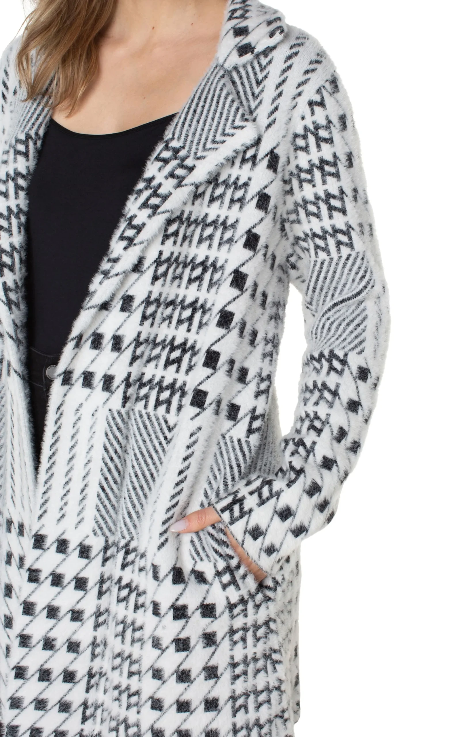 Liverpool Los Angeles Coatigans-OPEN FRONT COATIGAN SWEATER Blackwhitemixedplaid