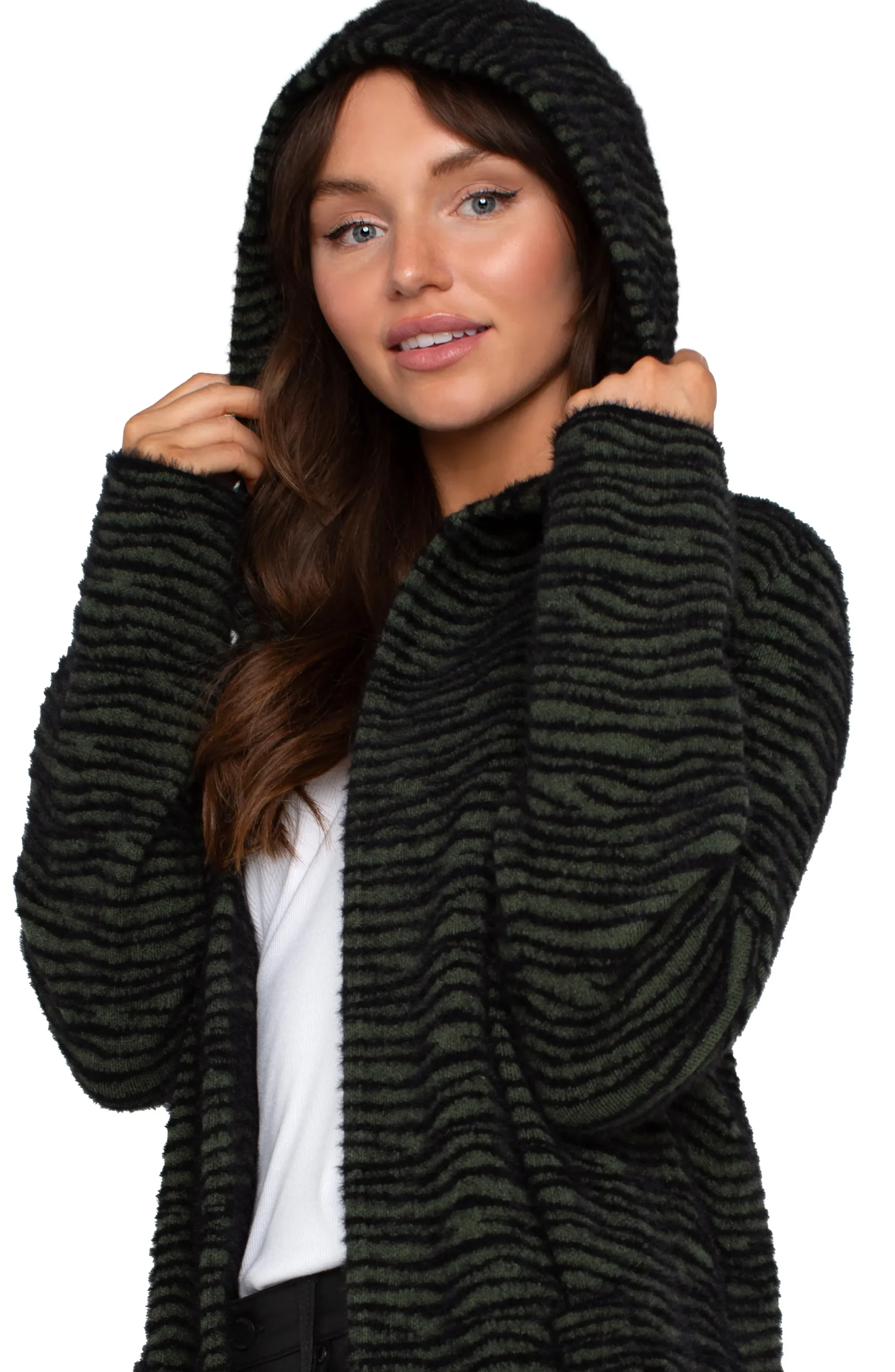 Liverpool Los Angeles Coatigans|Sweaters-OPEN FRONT COATIGAN SWEATER Darkolivestripe