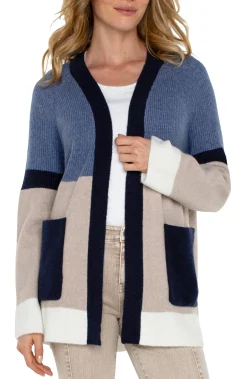 Liverpool Los Angeles Jackets|Sweaters-OPEN FRONT COLOR BLOCK CARDIGAN Lapisoatmeal