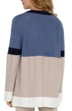 Liverpool Los Angeles Jackets|Sweaters-OPEN FRONT COLOR BLOCK CARDIGAN Lapisoatmeal