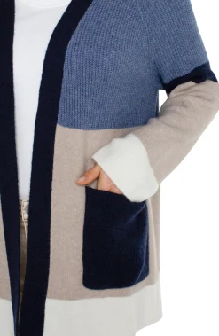 Liverpool Los Angeles Jackets|Sweaters-OPEN FRONT COLOR BLOCK CARDIGAN Lapisoatmeal