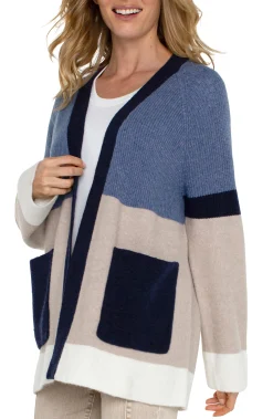 Liverpool Los Angeles Jackets|Sweaters-OPEN FRONT COLOR BLOCK CARDIGAN Lapisoatmeal