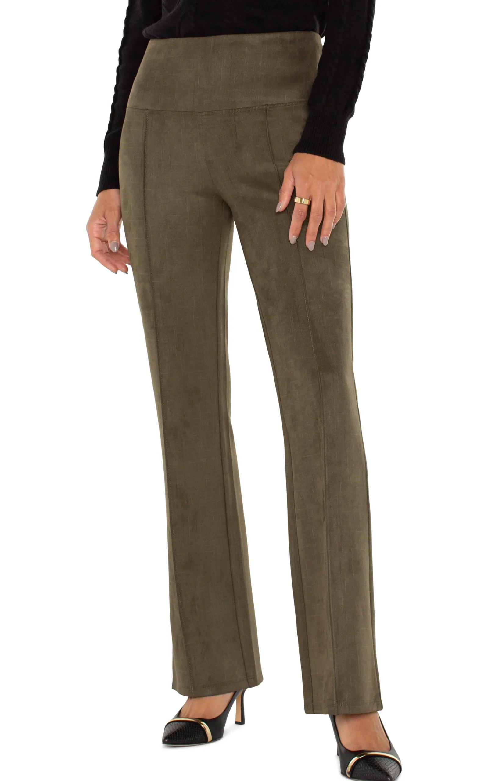 Liverpool Los Angeles Pants|Knit Pull-On-PEARL FULL LENGTH FLARE WITH PINTUCKS Olive