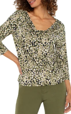 Liverpool Los Angeles Tops-PETITE 3/4 SLEEVE DRAPED NECK KNIT TOP Olivecamodot