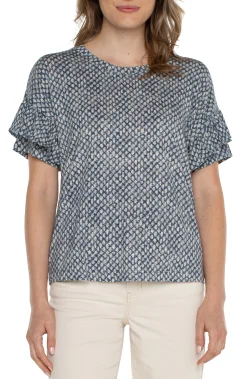 Liverpool Los Angeles Tops-PETITE 1/2 SLEEVE DROP SHOULDER WITH RUFFLE Navytextureddots