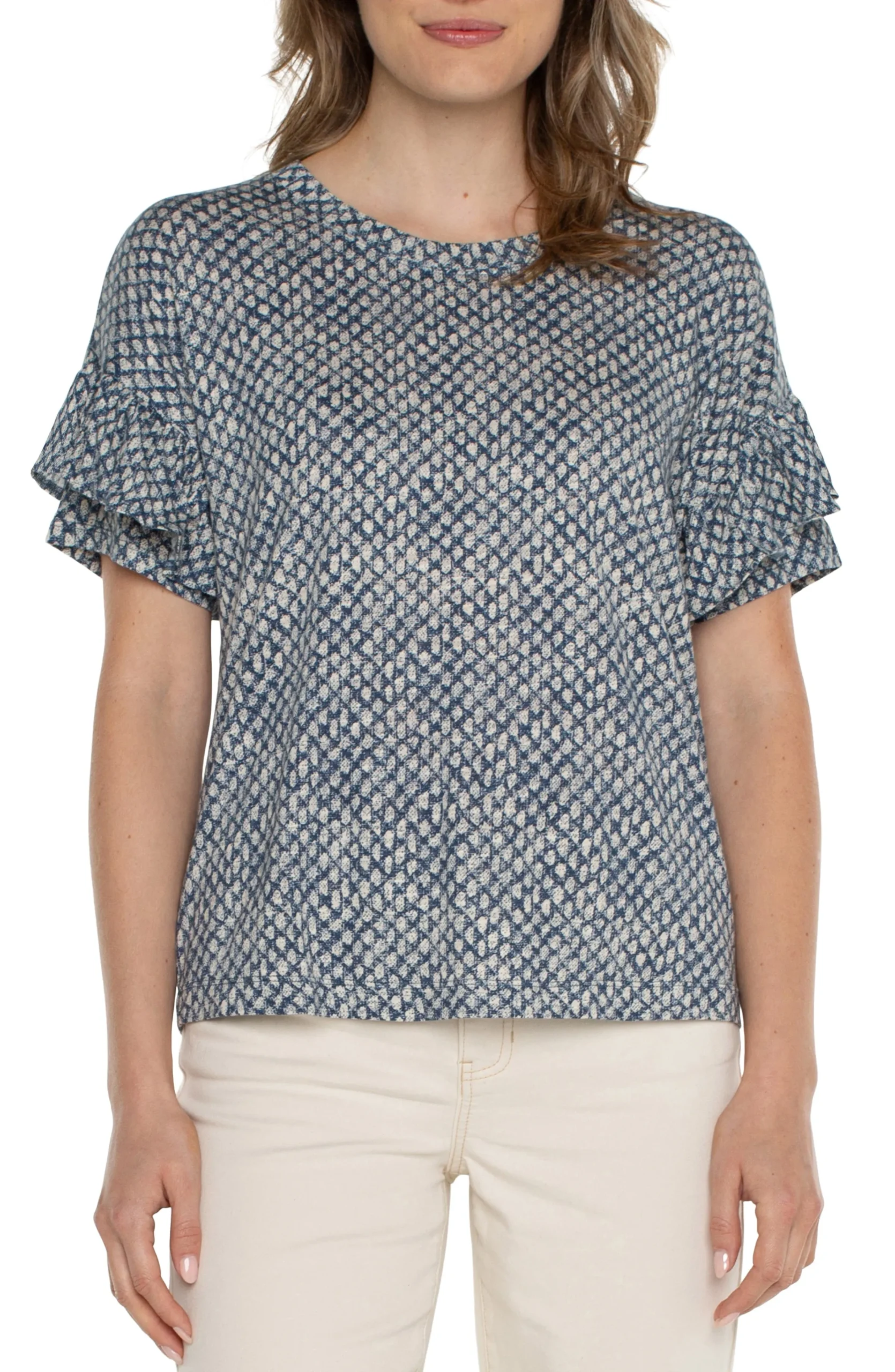 Liverpool Los Angeles Tops-PETITE 1/2 SLEEVE DROP SHOULDER WITH RUFFLE Navytextureddots
