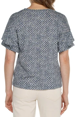 Liverpool Los Angeles Tops-PETITE 1/2 SLEEVE DROP SHOULDER WITH RUFFLE Navytextureddots