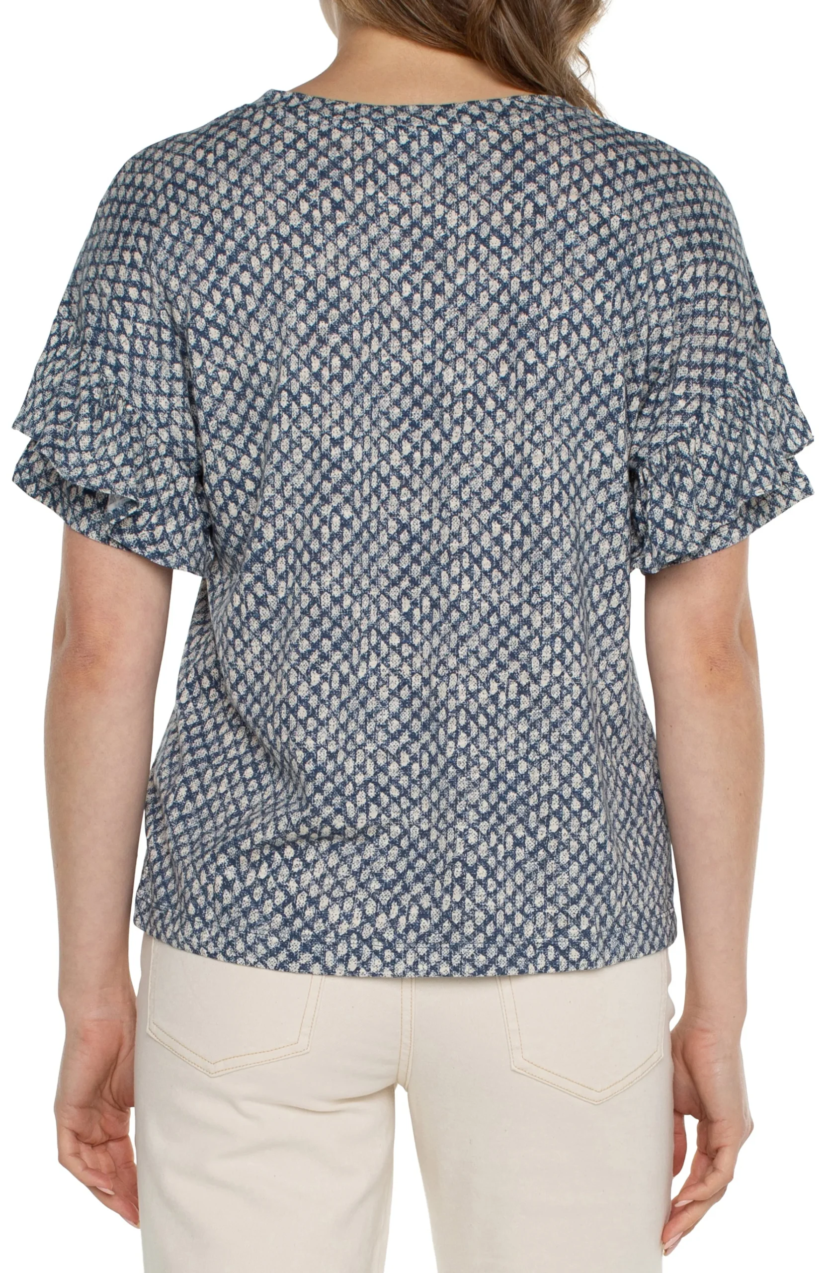 Liverpool Los Angeles Tops-PETITE 1/2 SLEEVE DROP SHOULDER WITH RUFFLE Navytextureddots