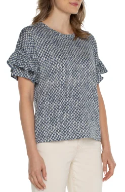Liverpool Los Angeles Tops-PETITE 1/2 SLEEVE DROP SHOULDER WITH RUFFLE Navytextureddots