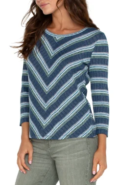 Liverpool Los Angeles Tops-PETITE 3/4 SLEEVE SCOOP NECK KNIT TOP Bluetealmultistripe