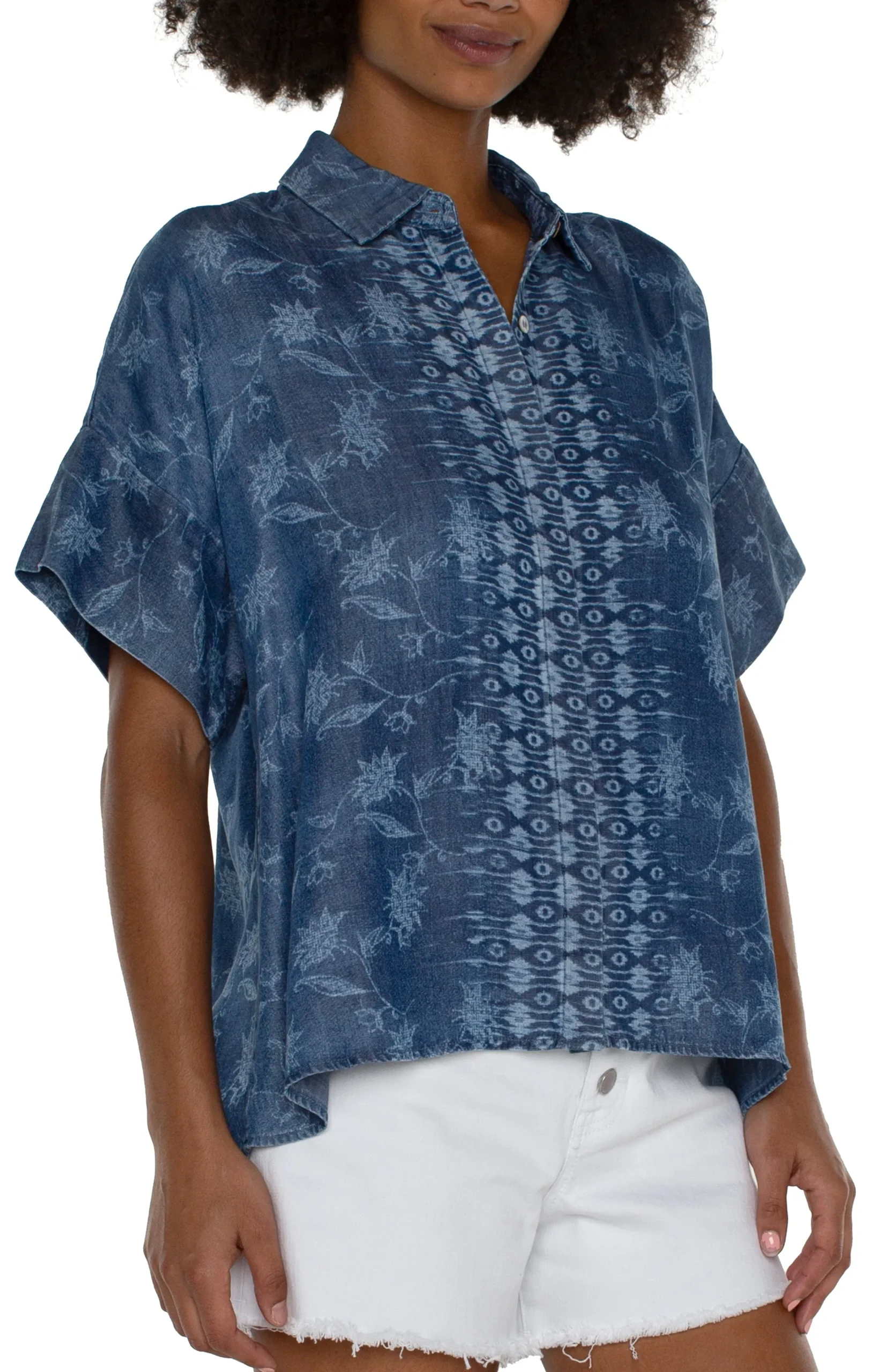 Liverpool Los Angeles Tops-PETITE COLLARED CAMP SHIRT Indigofloral
