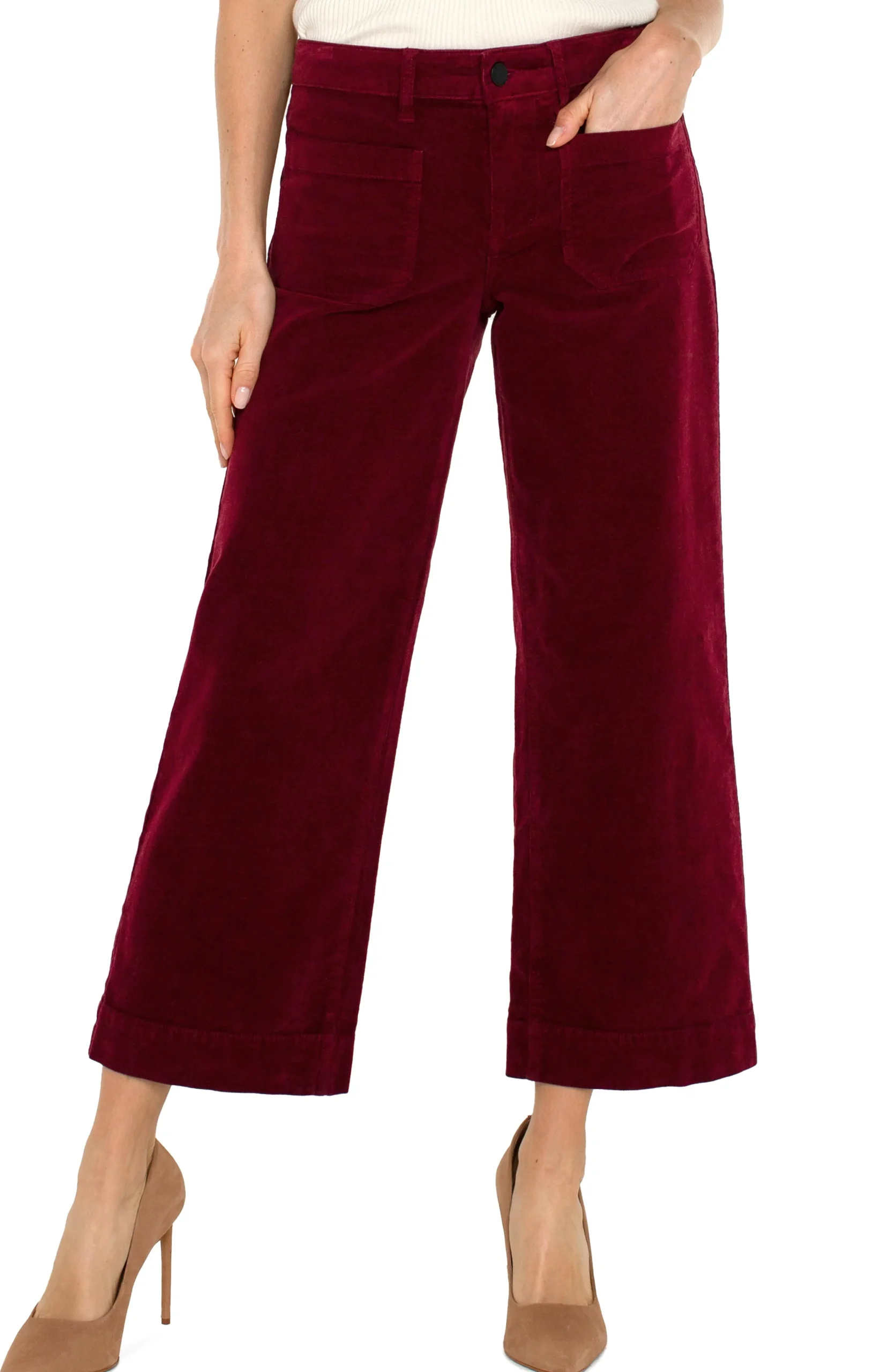 Liverpool Los Angeles Pants-PETITE CORDUROY CROP WIDE LEG Ruby