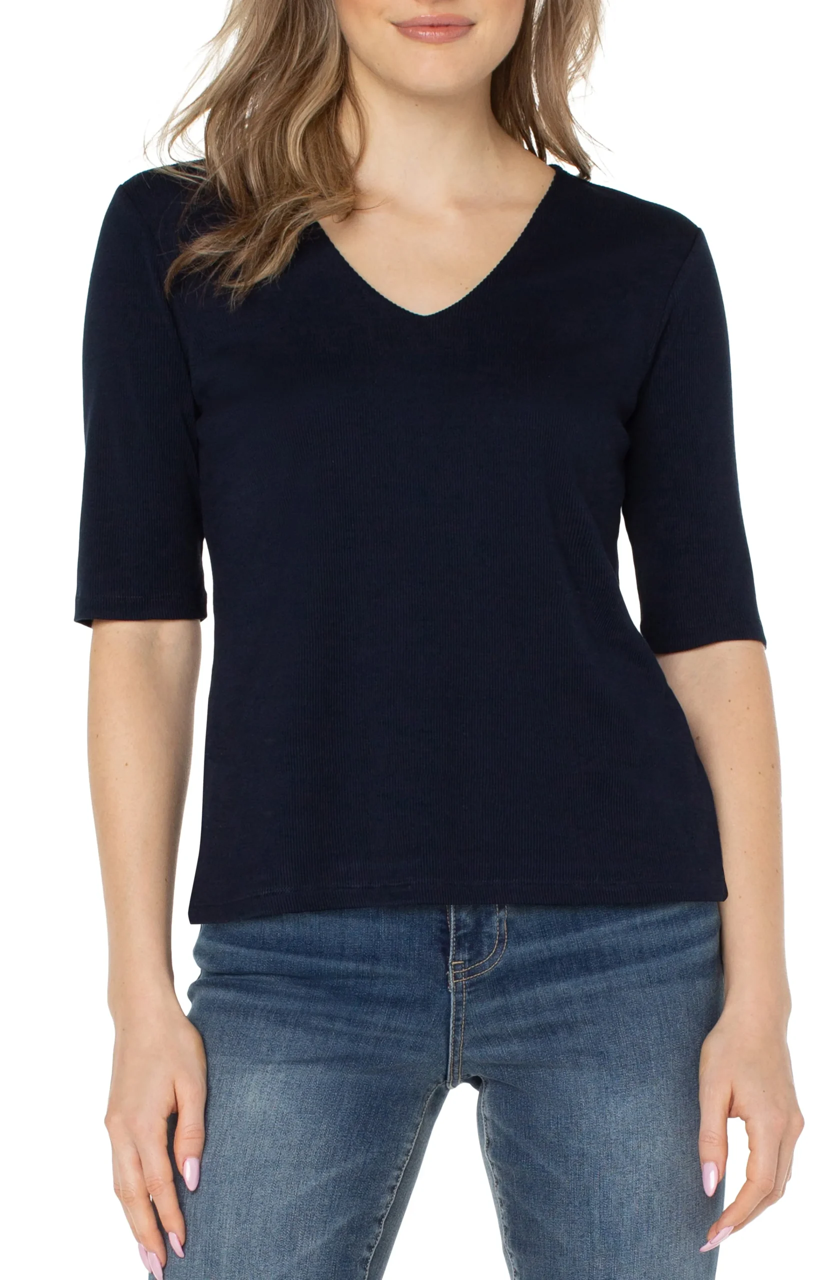 Liverpool Los Angeles Tops-PETITE DOUBLE LAYER V-NECK RIB KNIT TOP Darknavy