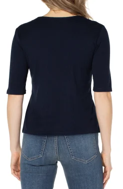 Liverpool Los Angeles Tops-PETITE DOUBLE LAYER V-NECK RIB KNIT TOP Darknavy