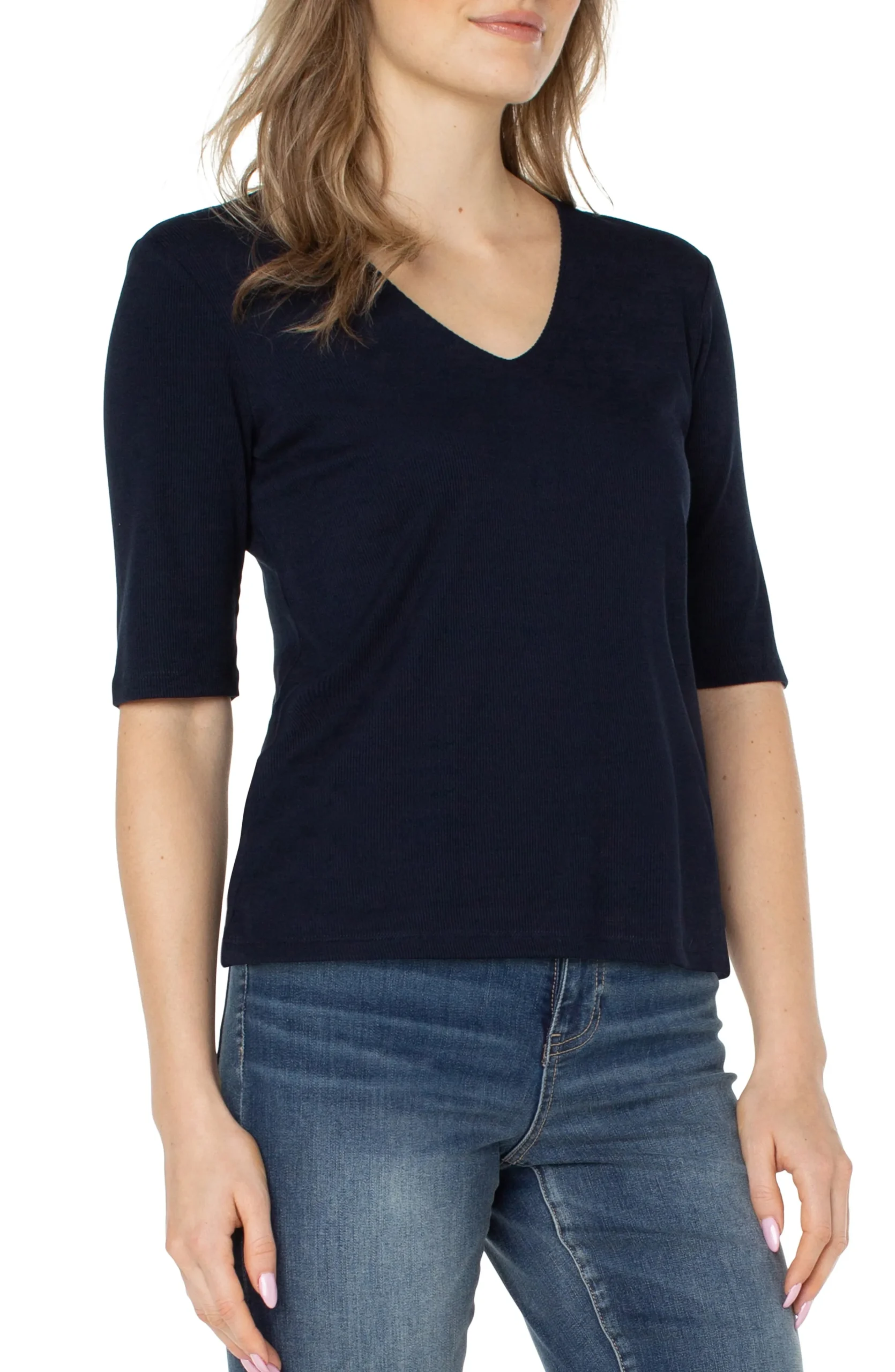 Liverpool Los Angeles Tops-PETITE DOUBLE LAYER V-NECK RIB KNIT TOP Darknavy