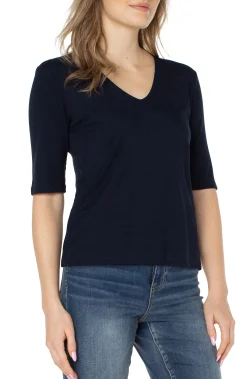 Liverpool Los Angeles Tops-PETITE DOUBLE LAYER V-NECK RIB KNIT TOP Darknavy