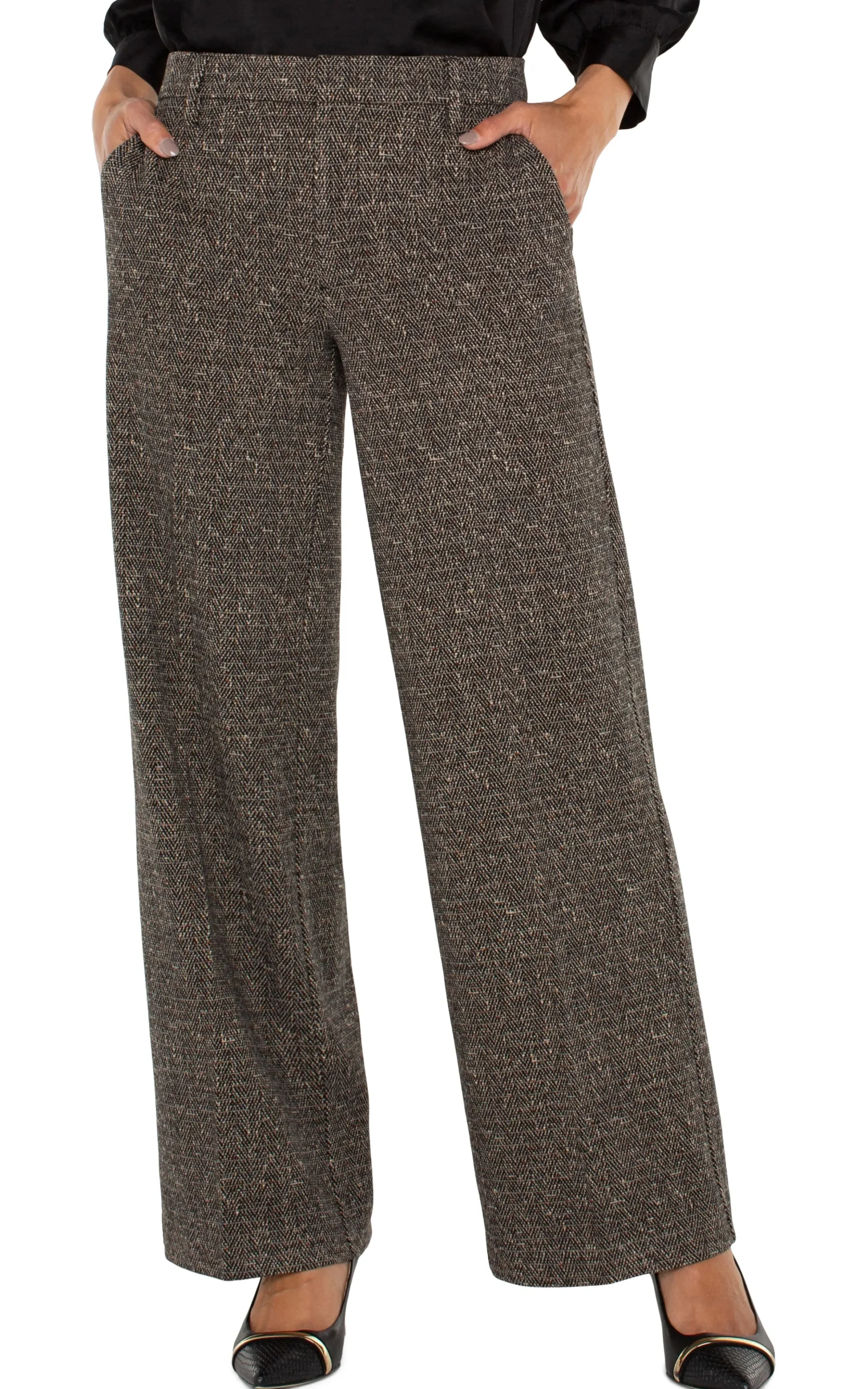 Liverpool Los Angeles Pants-PETITE KELSEY WIDE LEG TROUSER Blacktanherringbone