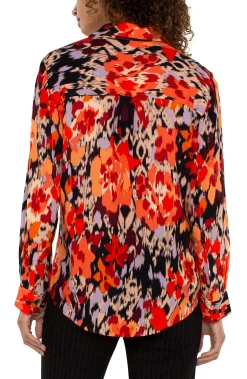 Liverpool Los Angeles Tops-PETITE LONG SLEEVE BUTTON UP WOVEN BLOUSE Burntorangefloral