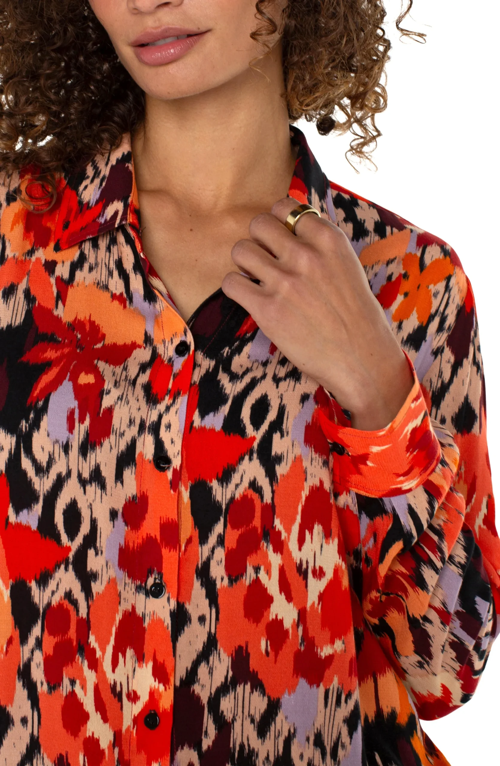 Liverpool Los Angeles Tops-PETITE LONG SLEEVE BUTTON UP WOVEN BLOUSE Burntorangefloral