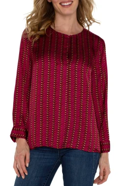 Liverpool Los Angeles Tops-PETITE LONG SLEEVE POPOVER WOVEN BLOUSE Rubydottedstripe