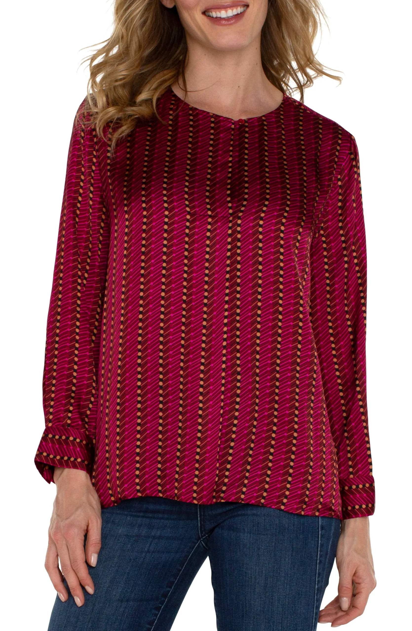 Liverpool Los Angeles Tops-PETITE LONG SLEEVE POPOVER WOVEN BLOUSE Rubydottedstripe