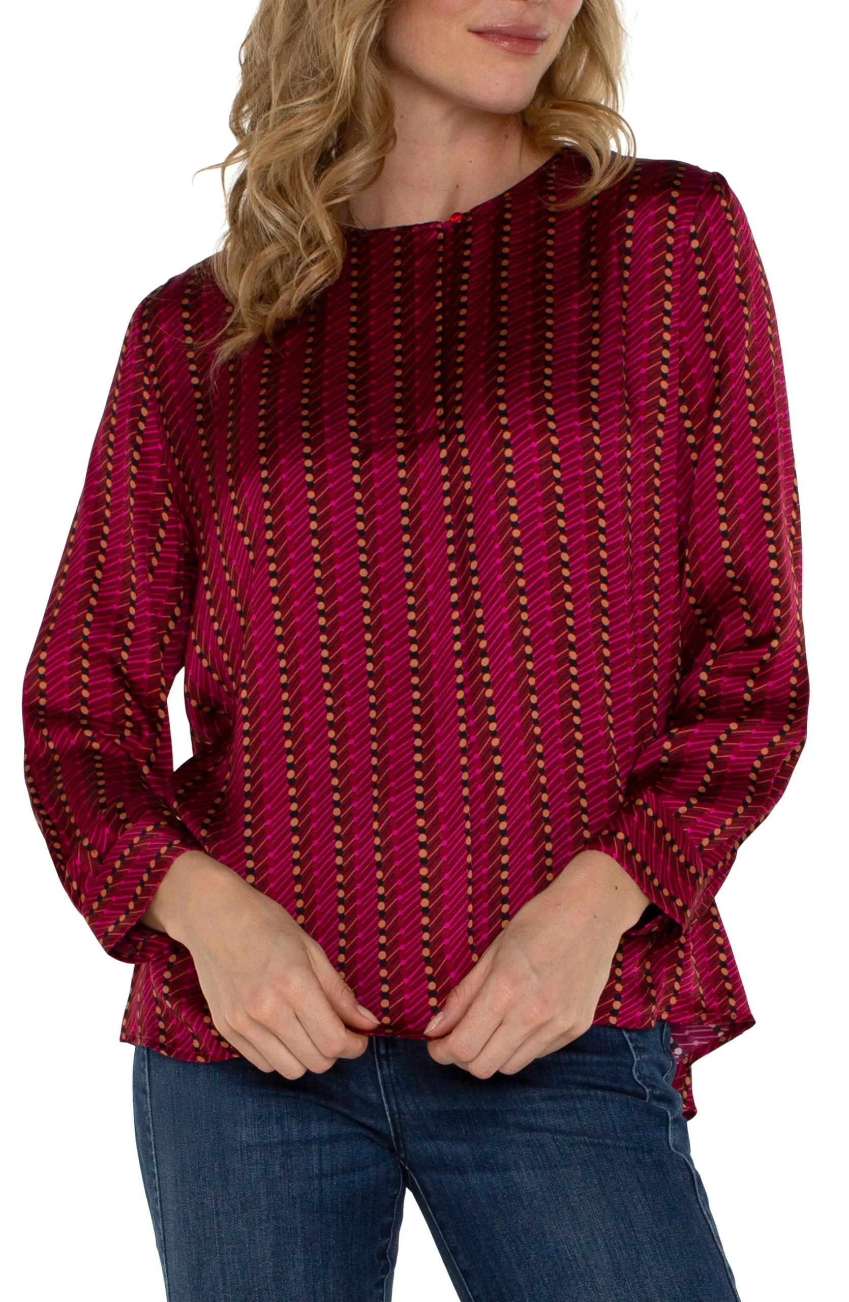 Liverpool Los Angeles Tops-PETITE LONG SLEEVE POPOVER WOVEN BLOUSE Rubydottedstripe