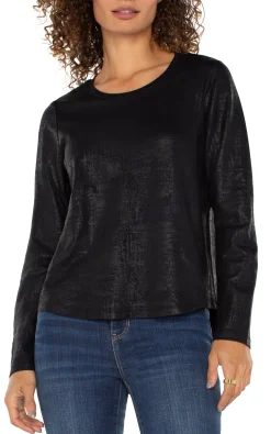 Liverpool Los Angeles Tops-PETITE LONG SLEEVE SCOOP NECK KNIT TOP Distressedblack