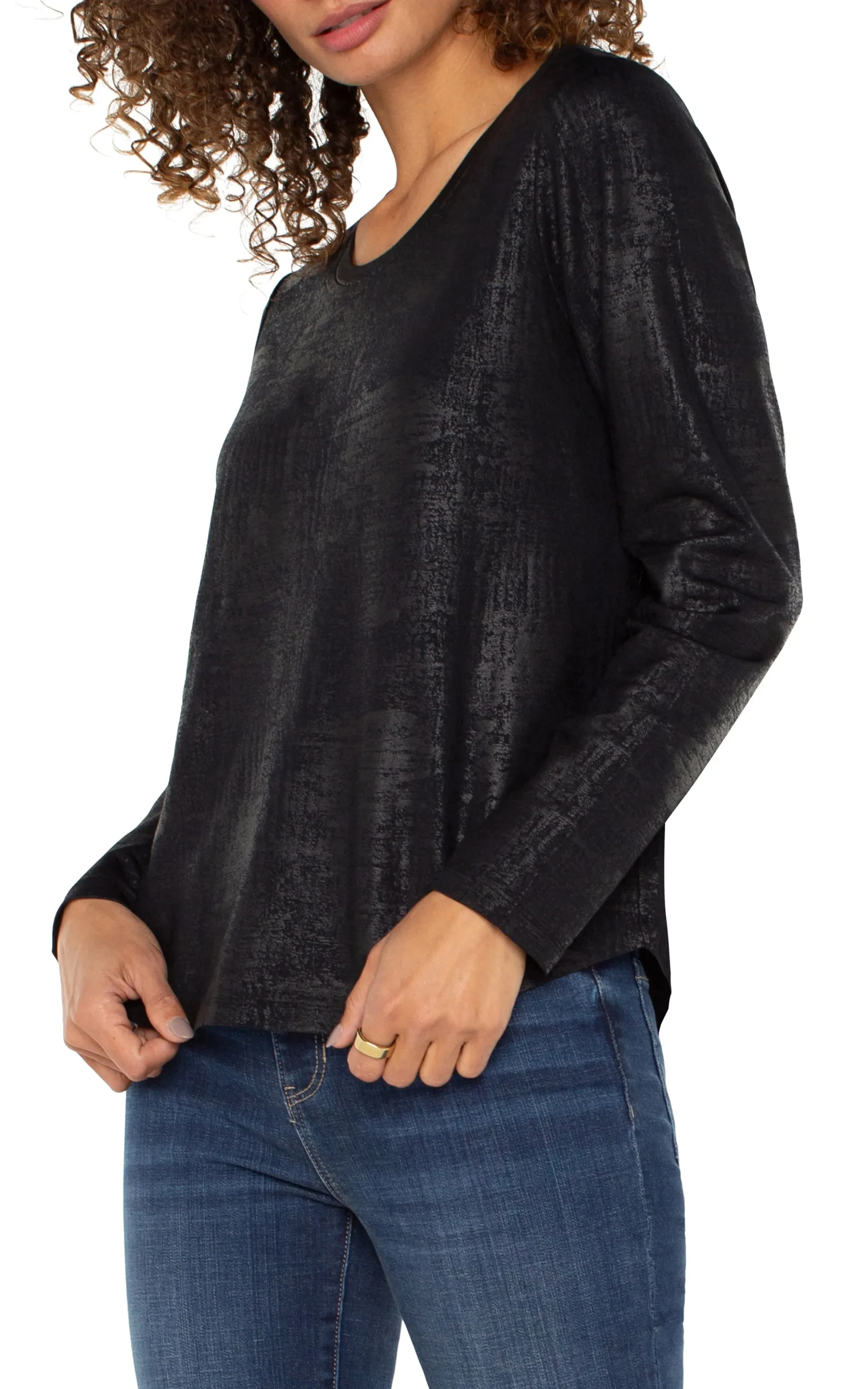 Liverpool Los Angeles Tops-PETITE LONG SLEEVE SCOOP NECK KNIT TOP Distressedblack