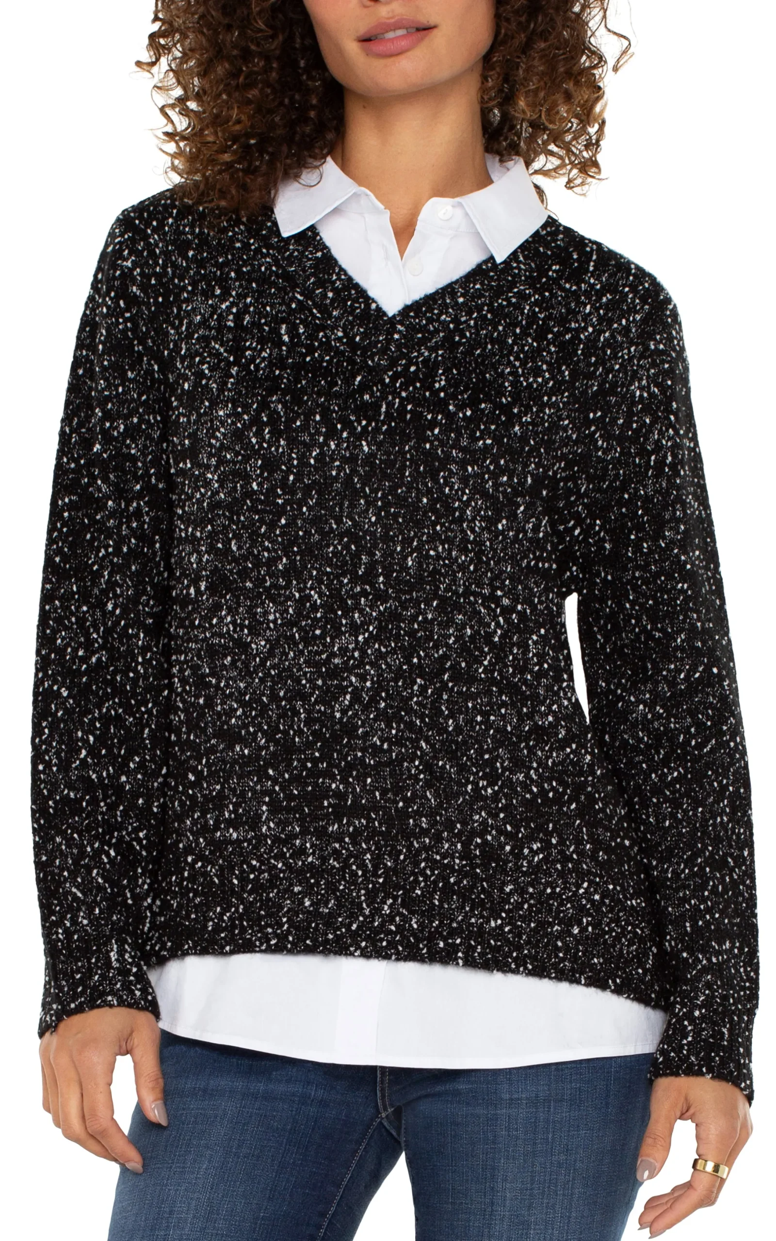 Liverpool Los Angeles Tops-PETITE LONG SLEEVE TWOFER COLLARED SWEATER Blackwithwhiteflecks