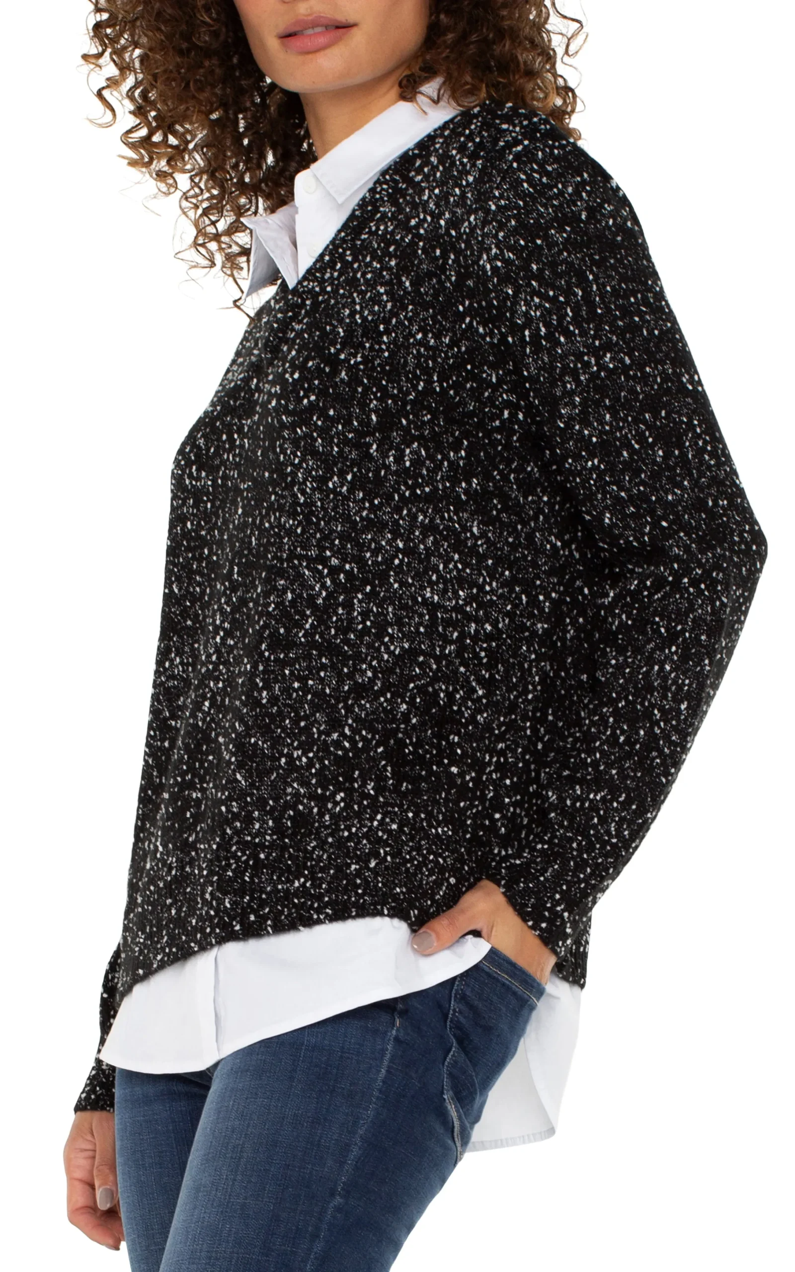 Liverpool Los Angeles Tops-PETITE LONG SLEEVE TWOFER COLLARED SWEATER Blackwithwhiteflecks