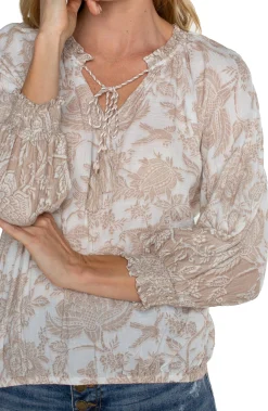Liverpool Los Angeles Tops-PETITE OPEN CREW NECK RAGLAN TOP Tanwhitefloral