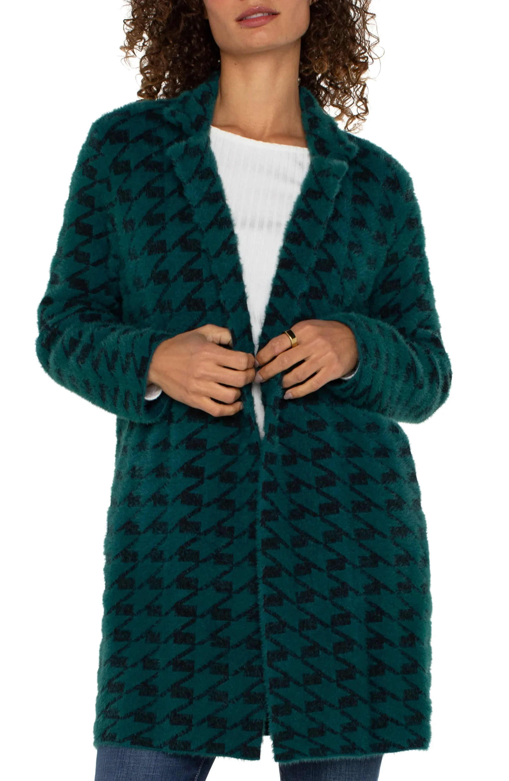 Liverpool Los Angeles Jackets-PETITE OPEN FRONT COATIGAN SWEATER Darkforesthoundstooth