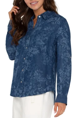 Liverpool Los Angeles Tops-PETITE ROLLED SLEEVE BUTTON DOWN SHIRT Indigofloral