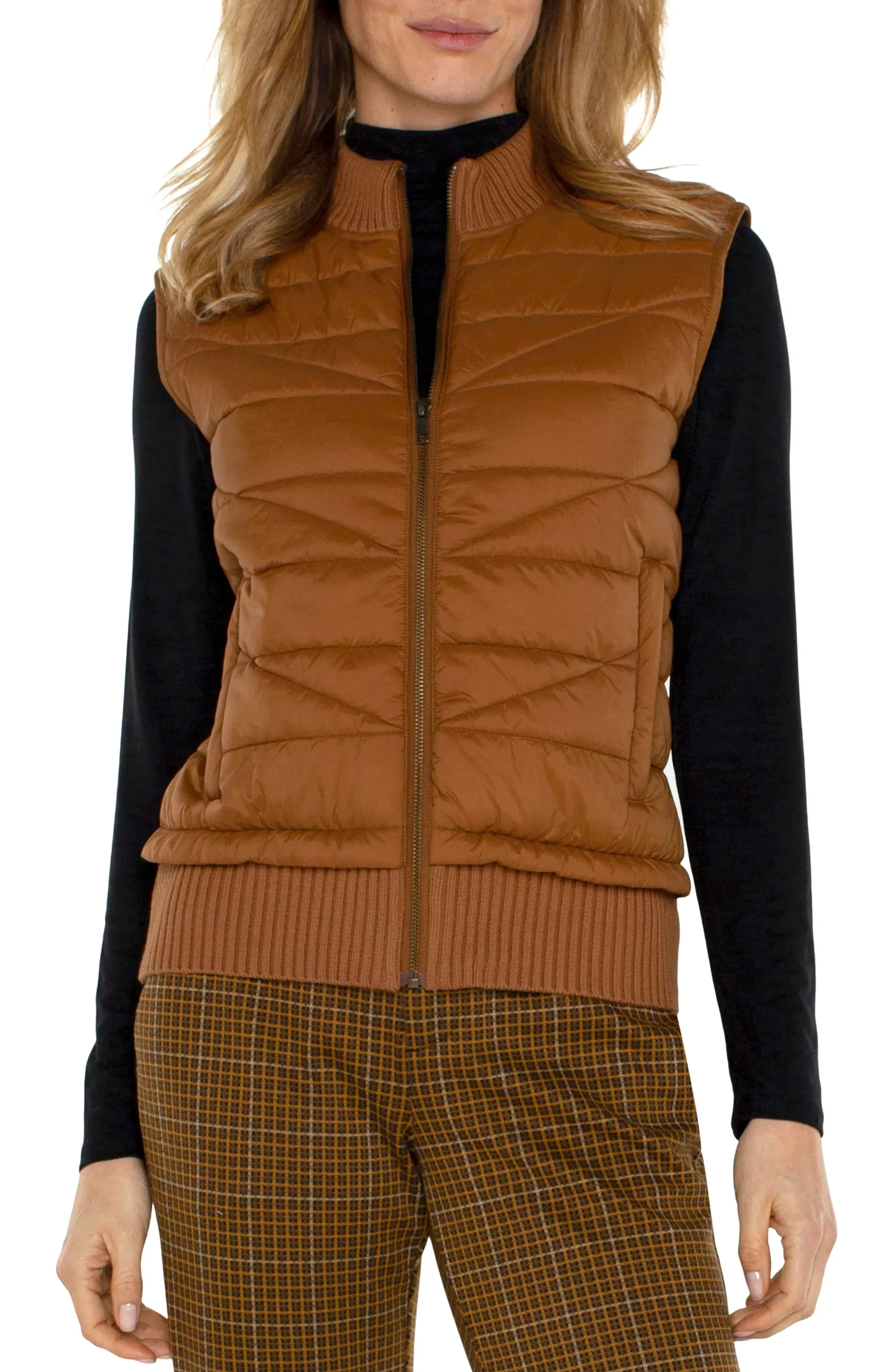 Liverpool Los Angeles Jackets-PETITE SLEEVELESS QUILTED FULL ZIP SWEATER VEST Turmeric