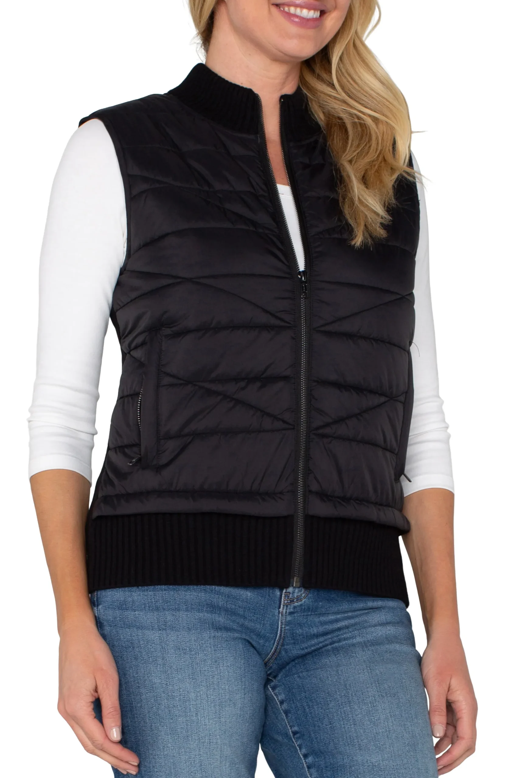 Liverpool Los Angeles Jackets-PETITE SLEEVELESS QUILTED FULL ZIP SWEATER VEST Black