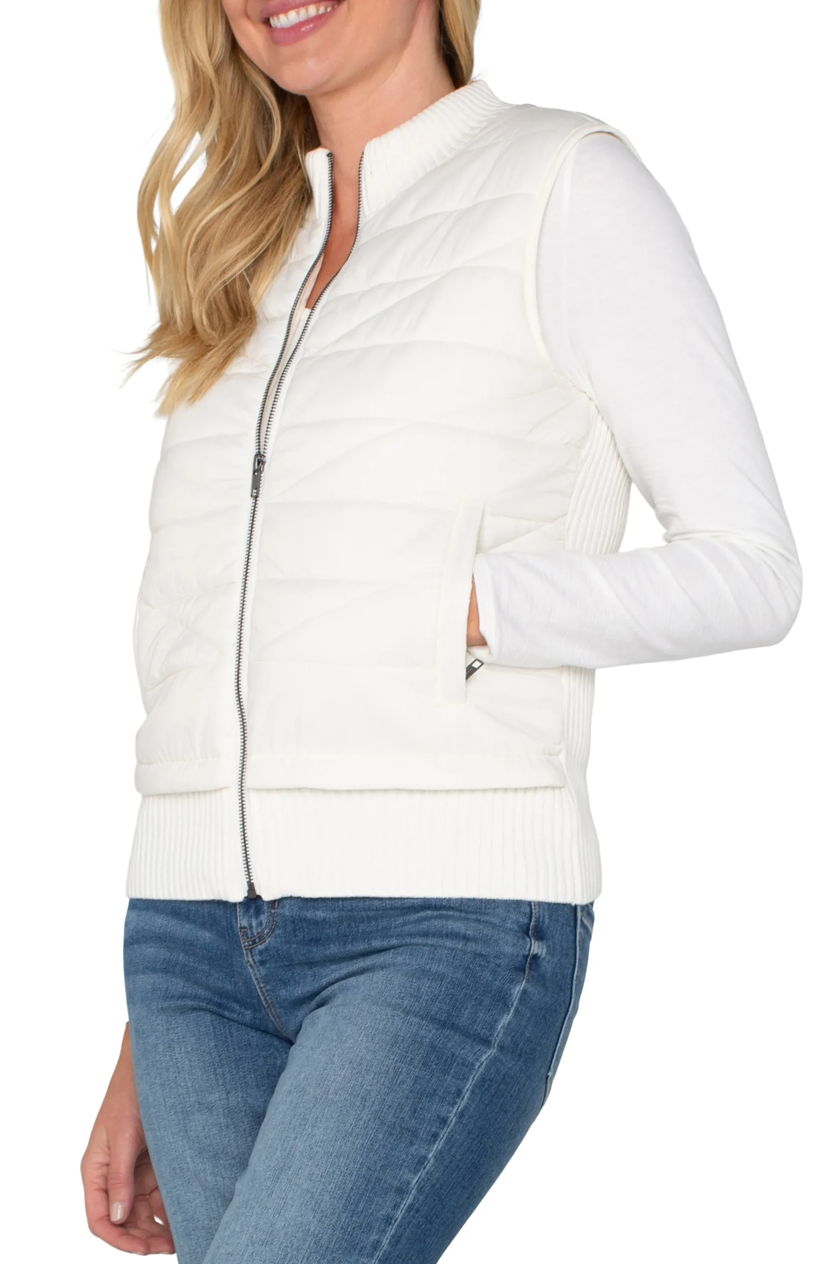 Liverpool Los Angeles Jackets-PETITE SLEEVELESS QUILTED FULL ZIP SWEATER VEST Porcelain