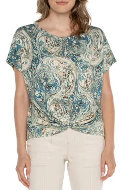 Liverpool Los Angeles Tops-PETITE TWIST FRONT DOLMAN KNIT TEE Oceanblueecrumarble