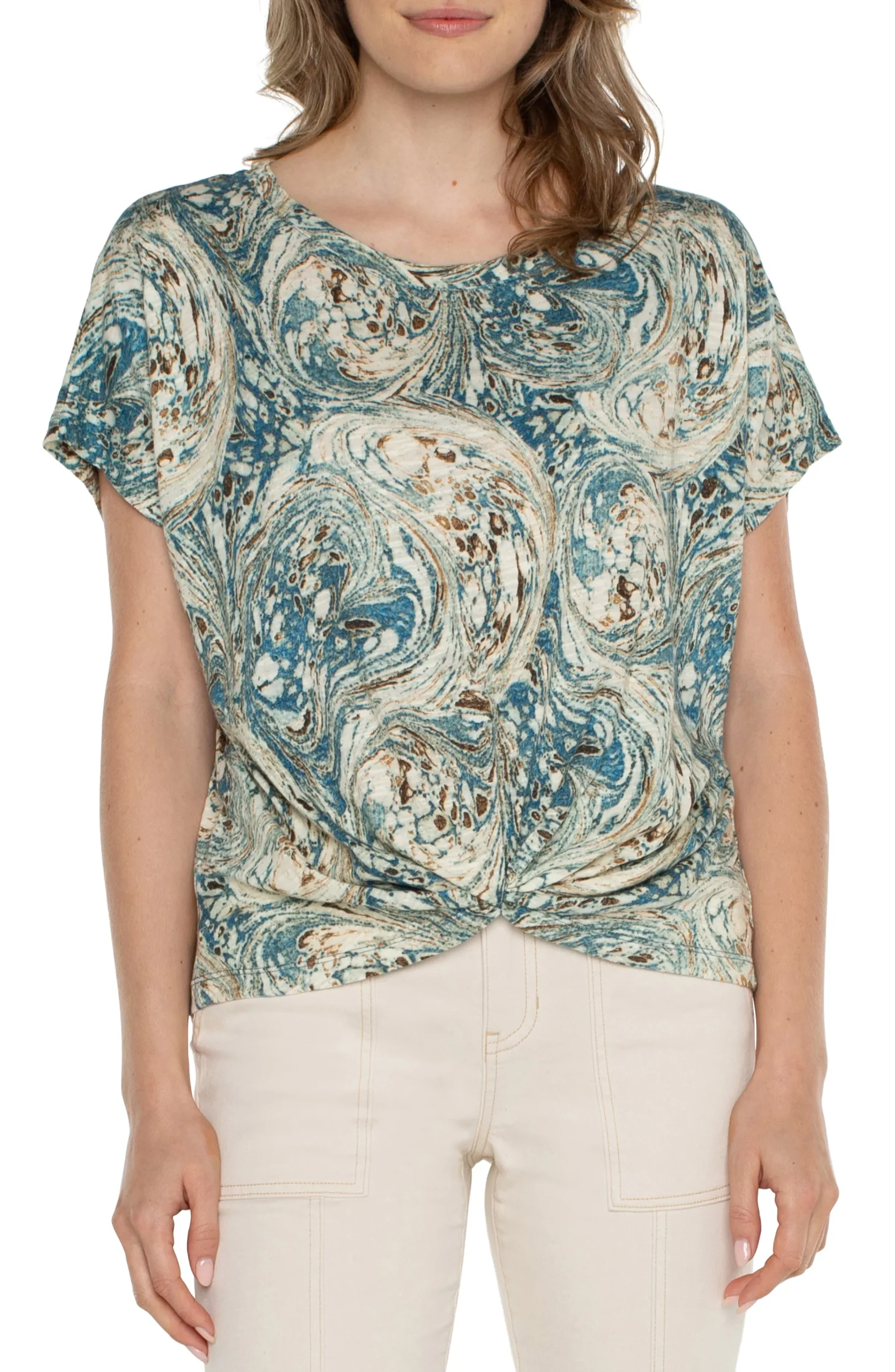 Liverpool Los Angeles Tops-PETITE TWIST FRONT DOLMAN KNIT TEE Oceanblueecrumarble