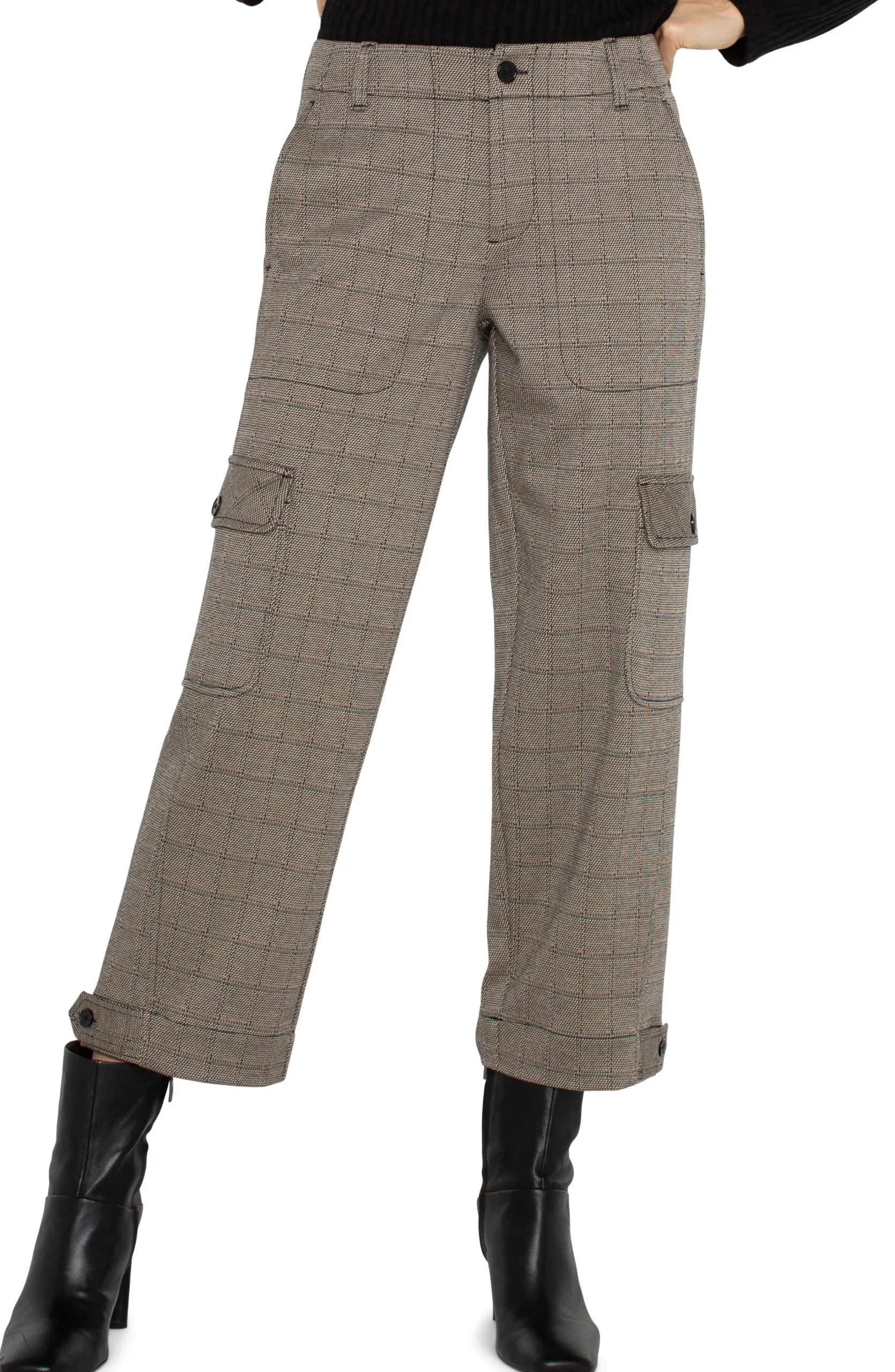 Liverpool Los Angeles Pants-PETITE UTILITY CARGO CROP WITH TAB HEM Peppercornplaid