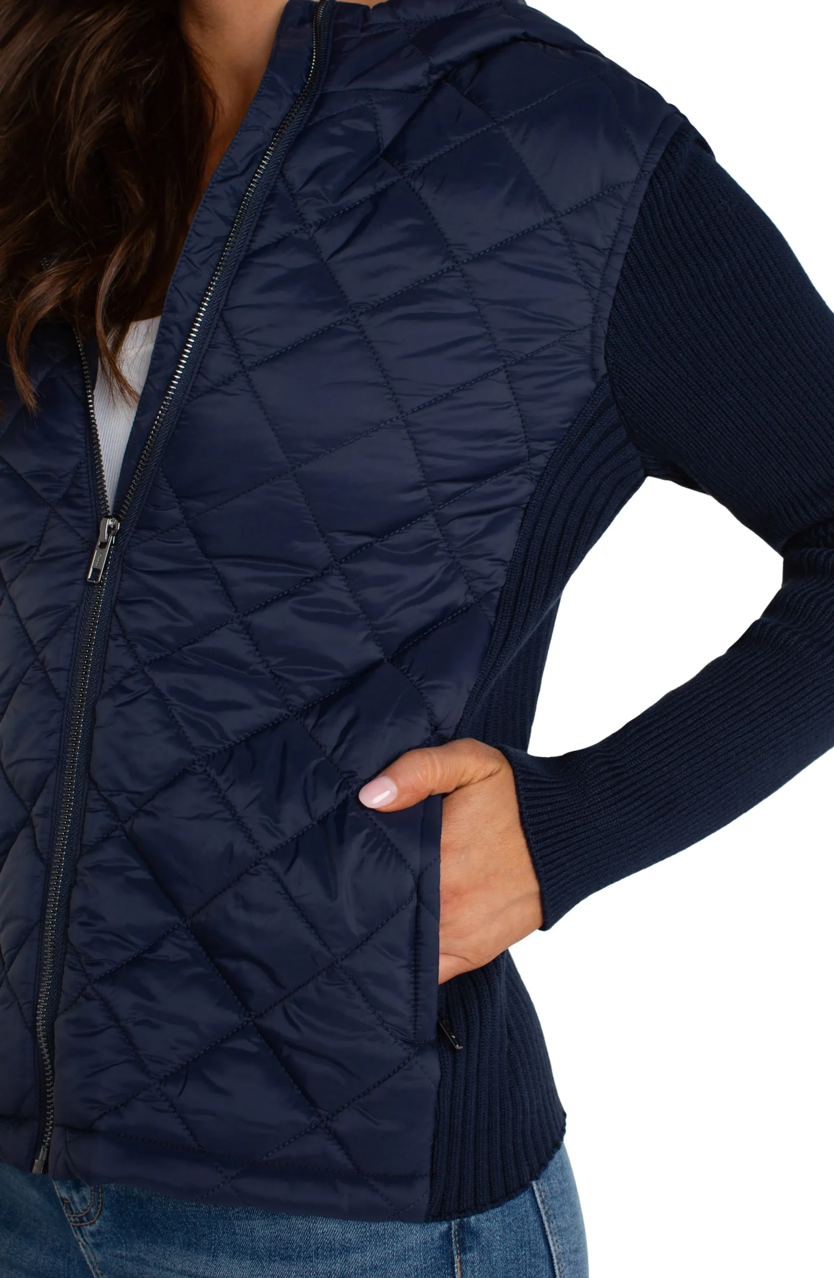 Liverpool Los Angeles Jackets-QUILTED FRONT FULL ZIP HOODED SWEATER Darknavy