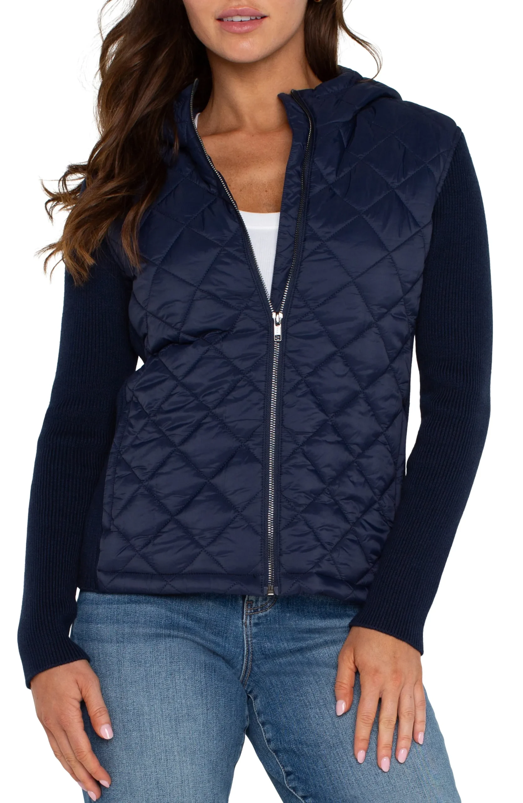 Liverpool Los Angeles Jackets-QUILTED FRONT FULL ZIP HOODED SWEATER Darknavy